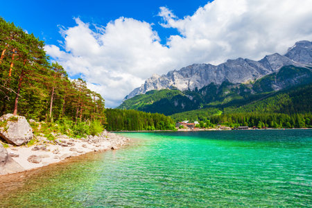 Eibsee lake near Garmisch-Partenkirchen town in Bavaria, Germanyの写真素材