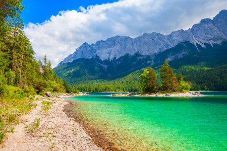 Eibsee lake near Garmisch-Partenkirchen town in Bavaria, Germanyの写真素材