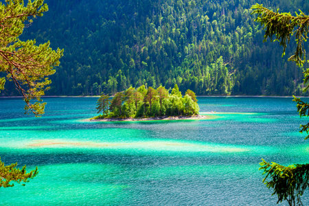 Eibsee lake near Garmisch-Partenkirchen town in Bavaria, Germanyの写真素材