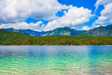 Eibsee lake near Garmisch-Partenkirchen town in Bavaria, Germanyの写真素材