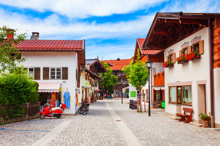 Beauty houses with luftlmalerei bayern art form of house facade painting in Oberammergau town in Bavaria, Germanyの写真素材