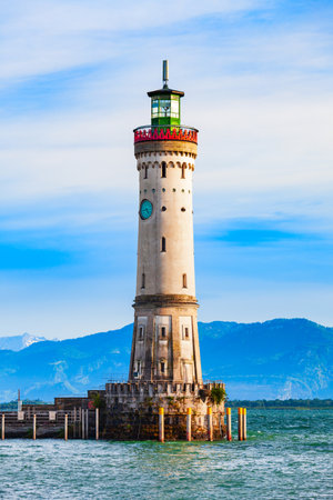 New Lindau Lighthouse in the Lindau harbor. Lindau is a major town and island on the Lake Constance or Bodensee in Bavaria, Germany.の写真素材