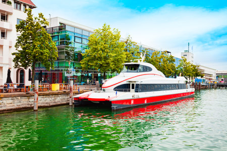 Tourist cruise boat near Friedrichshafen. Friedrichshafen is a city on the shore of Lake Constance or Bodensee in Bavaria, Germany.の写真素材