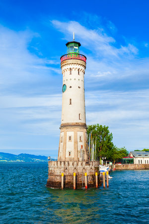 New Lindau Lighthouse in the Lindau harbor. Lindau is a major town and island on the Lake Constance or Bodensee in Bavaria, Germany.の写真素材