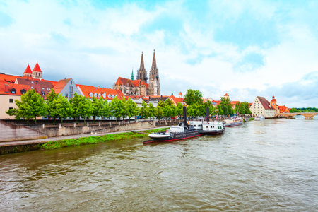 Regensburg Cathedral or Saint Peter Church near Danube river. Regensburg is a city at Danube river in Bavaria, Germany.の写真素材