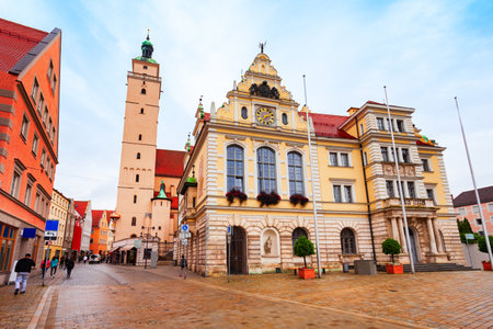 Ingolstadt Old Town Hall or Rathaus and St. Moritz Church. Ingolstadt is a city in Bavaria, Germany.の写真素材