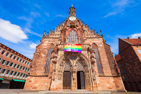 The Frauenkirche or Church of Our Lady at Hauptmarkt main square in Nuremberg old town. Nuremberg is the second largest city of Bavaria state in Germany.の写真素材