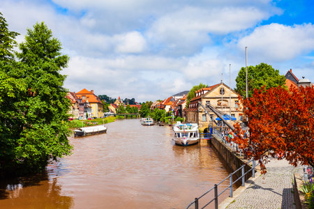Klein-Venedig or Little Venice is a fishermens houses at Regnitz river in Bamberg old town. Bamberg is a town on the river Regnitz in Upper Franconia, Bavaria in Germany.の写真素材