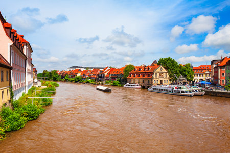 Klein-Venedig or Little Venice is a fishermens houses at Regnitz river in Bamberg old town. Bamberg is a town on the river Regnitz in Upper Franconia, Bavaria in Germany.の写真素材