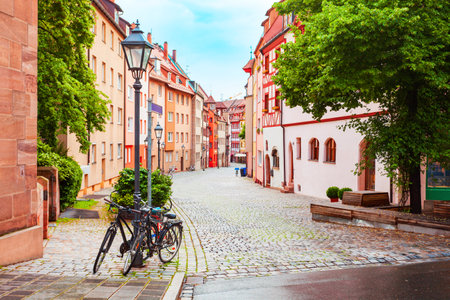 Weissgerbergasse street with colorful timber frame or fachwerk houses in Nuremberg old town. Nuremberg is the second largest city of Bavaria state in Germany.の写真素材