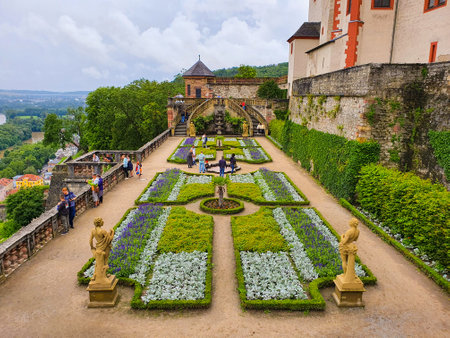 Wurzburg, Germany - July 11, 2021: Public garden near Marienberg Fortress in Wurzburg old town. Wurzburg or Wuerzburg is a city in Franconia region of Bavaria, Germany.のeditorial素材