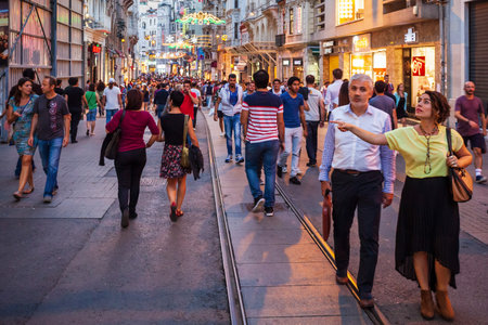 ISTANBUL, TURKEY - SEPTEMBER 22, 2014: Istiklal Avenue or Istiklal Street is one of the most famous pedestrian street in Istanbul, Turkeyのeditorial素材