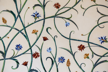 Floral pattern design on the wall of the Sheikh Zayed Grand Mosque, the largest mosque of UAE, located in Abu Dhabiのeditorial素材