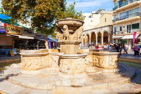 Heraklion, Greece - October 13, 2021: Morosini fountain at Lions Square in Heraklion city centre on Crete island in Greeceのeditorial素材