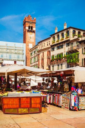 VERONA, ITALY - APRIL 16, 2019: Piazza delle Erbe market square in Verona, Veneto region in Italy.のeditorial素材