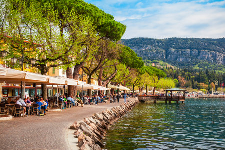 GARDA, ITALY - APRIL 12, 2019: Waterfront in Garda town, located on the shore of Lake Garda in Verona province in Veneto, Italyのeditorial素材