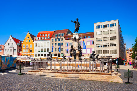 Augsburg, Germany - July 06, 2021: The Augustus fountain at Town Hall square or Rathausplatz main square in Augsburg, a city in Swabia, Bavaria region of Germany.のeditorial素材