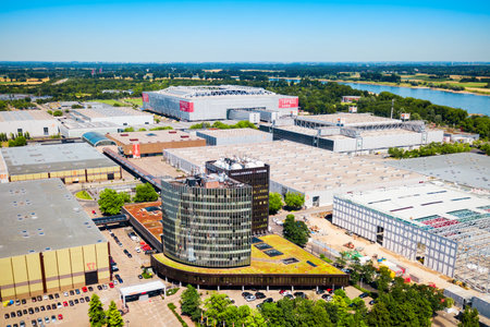 DUSSELDORF, GERMANY - JULY 02, 2018: Dusseldorf Messe trade fair ground and Esprit arena stadium in Dusseldorf city in Germanyのeditorial素材