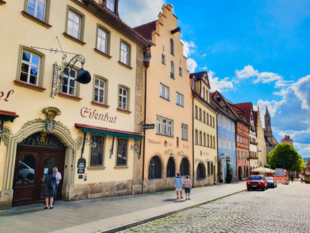 Rothenburg ob der Tauber, Germany - July 11, 2021: Hotel Eisenhut in Rothenburg ob der Tauber old town. Rothenburg is a city in the region of Bavaria, Germany.のeditorial素材