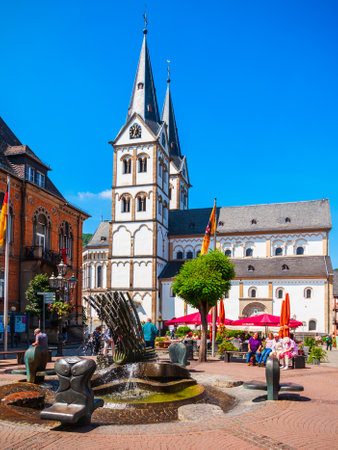BOPPARD, GERMANY - JUNE 26, 2018: Saint Severus Church at the market square or marktplatz in Boppard, town lying in the Rhine valley, Germany.のeditorial素材
