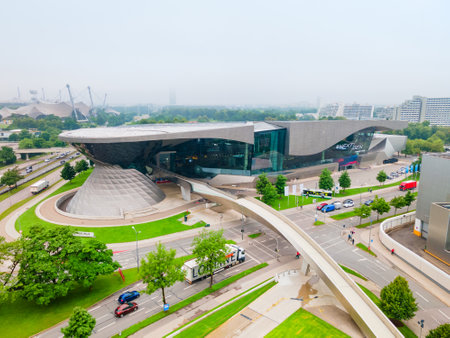 Munich, Germany - July 08, 2021: BMW Welt aerial panoramic view. BMW Welt is a combined exhibition, showroom, adventure museum, and event venue located in Munich city, Germanyのeditorial素材