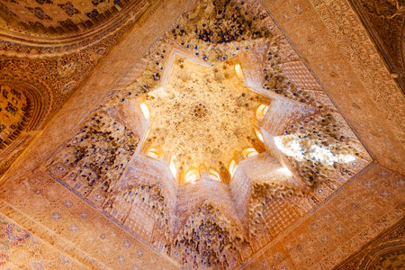 Granada, Spain - October 20, 2021: The Alhambra Palace interior. Alhambra is a fortress complex located in Granada city, Andalusia region in Spain.のeditorial素材