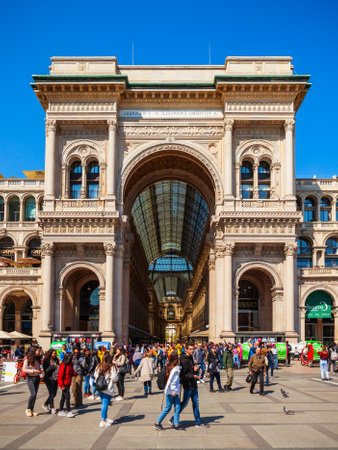 MILAN, ITALY - APRIL 09, 2019: The Galleria Vittorio Emanuele II is an oldest active shopping mall and a major landmark of Milan in Italyのeditorial素材