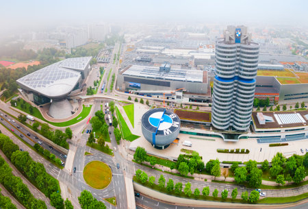 Munich, Germany - July 08, 2021: BMW Museum aerial panoramic view, it is an automobile museum of BMW history located near the Olympiapark in Munich, Germanyのeditorial素材