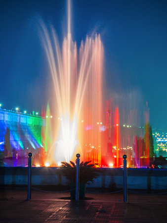 MYSORE, INDIA - MARCH 24, 2012: Fountains at Brindavan Gardens in Mysore city in India at nightのeditorial素材