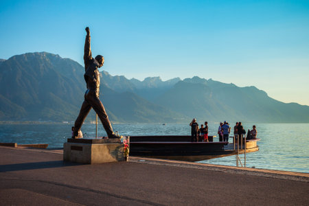 MONTREAUX, SWITZERLAND - JULY 19, 2019: Freddie Mercury statue on Lake Geneva in Montreux town in Switzerland. Freddie Mercury was a vocalist of the rock band Queen.のeditorial素材