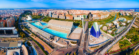 Valencia, Spain - October 15, 2021: The City of Arts and Sciences or Ciudad de las Artes y las Ciencias aerial panoramic view. It is a cultural and architectural complex in Valencia city, Spain.のeditorial素材