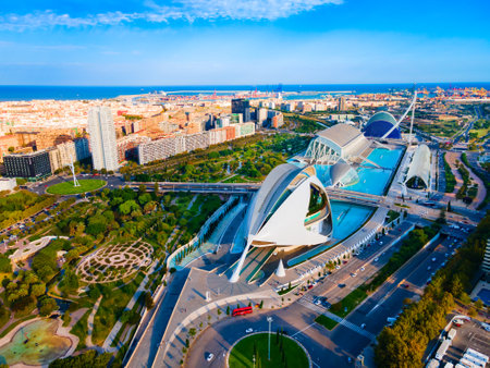 Valencia, Spain - October 15, 2021: The City of Arts and Sciences or Ciudad de las Artes y las Ciencias aerial panoramic view. It is a cultural and architectural complex in Valencia city, Spain.のeditorial素材
