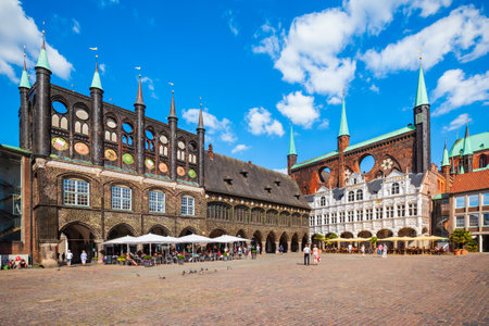 LUBECK, GERMANY - JULY 08, 2018: Town Hall or Lubecker Rathaus at the market square in Lubeck city in Germanyのeditorial素材