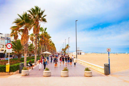 Valencia, Spain - October 16, 2021: Valencia city beach. Valencia is the third most populated municipality in Spain.のeditorial素材