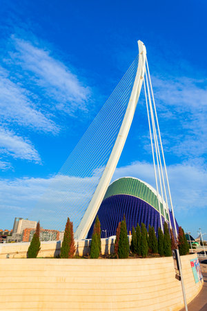 Valencia, Spain - October 15, 2021: Assut de l'Or Bridge or Puente de la Presa del Oro is a white cable-stayed bridge with L'Agora in the City of Arts and Sciences in Valencia, Spainのeditorial素材