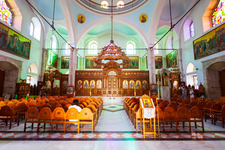 Heraklion, Greece - October 13, 2021: The Cathedral of Saint Titus or Hagios Titos interior. It is a Greek Orthodox Church in Heraklion city on Crete isalnd, Greece.のeditorial素材