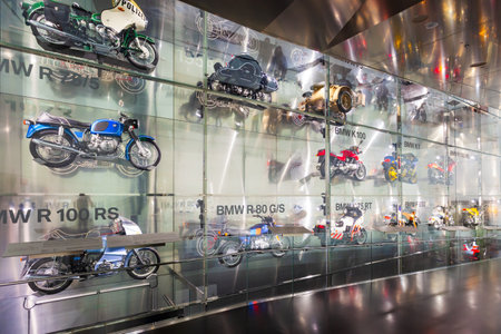 Munich, Germany - July 08, 2021: Motorcycles at BMW Museum interior, it is an automobile museum of BMW history located near the Olympiapark in Munich, Germanyのeditorial素材