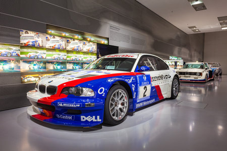 Munich, Germany - July 08, 2021: BMW M3 GTR race car in BMW Museum. It is an automobile museum of...