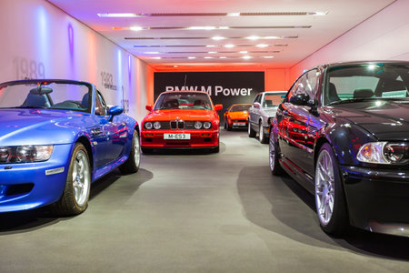 Munich, Germany - July 08, 2021: Row of classic to modern BMW M roadster car series in BMW Museum, an automobile museum of BMW history near the Olympiapark in Munich, Germanyのeditorial素材