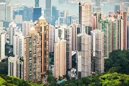 Hong Kong skyline aerial panoramic view from the Victoria Peak viewpoint in Hong Kong city centre in Chinaの写真素材