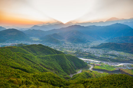 Himalaya hills aerial panoramic view from Sarangkot hill viewpoint in Pokhara city in Nepal at sunriseの写真素材