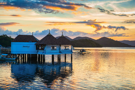 Coron town seacoast at sunset, Busuanga island in Palawan province in Philippinesの写真素材