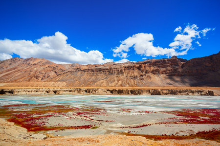 Scenic mountain landscape from highway between Manali in Himachal and Leh in Ladakh, Himalaya in Indiaの写真素材