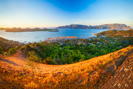 Coron town aerial panoramic view at sunset, Busuanga island in Palawan province in Philippinesの写真素材