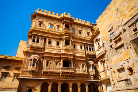 Rajasthan heritage building made of yellow limestone known as the Patwon ki Haveli in Jaisalmer city in Indiaの写真素材