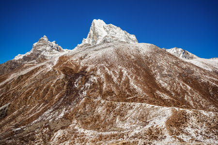 Taboche and Cholatse mountains in Everest region of Nepalの写真素材