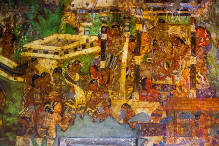 Ancient buddhist painting at Ajanta Caves near Aurangabad city in Maharashtra state of Indiaの写真素材