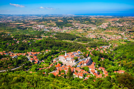 Sintra National Palace aerial panoramic view. National Palace or Palacio Nacional de Sintra is a house museum in Sintra town, Portugal.の写真素材
