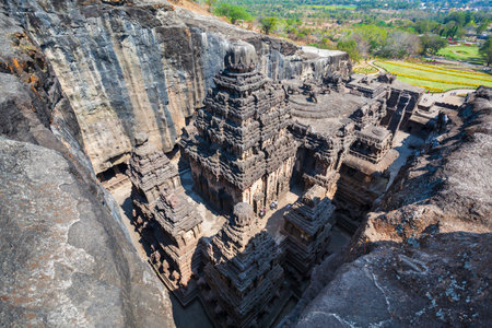 The Kailasa or Kailash Temple is the largest rock cut Hindu temple at the Ellora Caves in Maharashtra, Indiaの写真素材