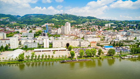 Linz city centre and Danube river aerial panoramic view in Austria. Linz is the third largest city of Austria.の写真素材